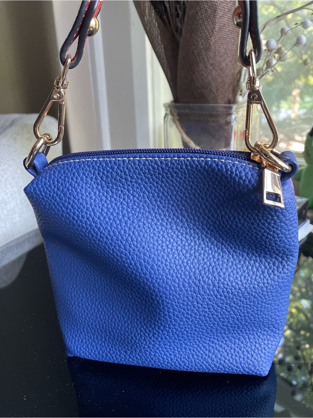 Unique Vintage Blue Pebbled Mini Bag with Contrasting Red Strap